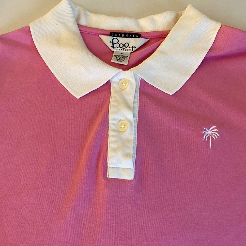 Lily Pulitzer Shrunken Cotton Polo Shirt in Barbie Pink with White Trim. Size S. - Picture 2 of 7